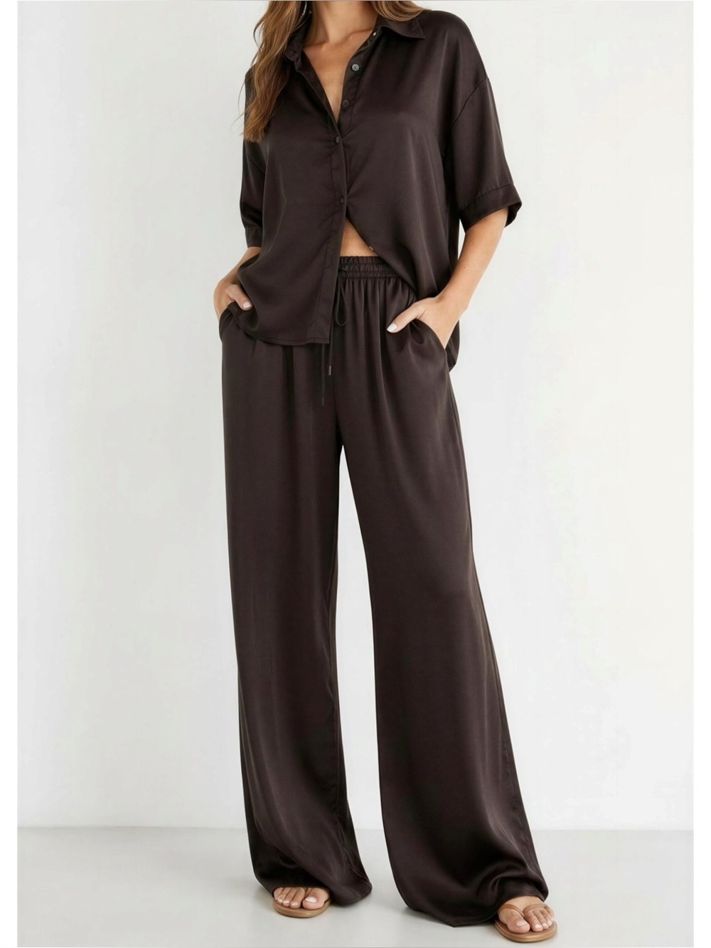 JAKI LONDON Nora Drawstring Satin Pants, Espresso Brown, Medium
